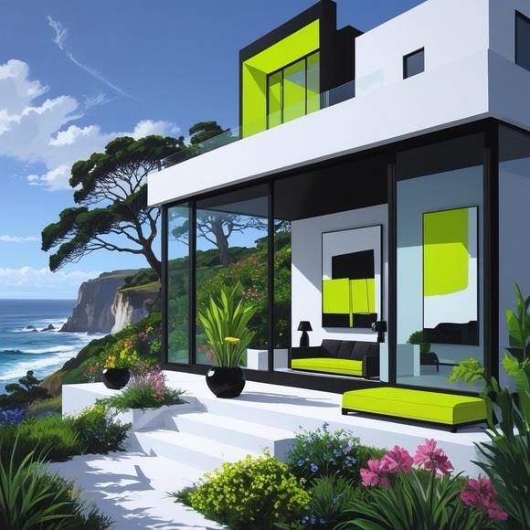 HANDCRAFTED Contemporary Black and Green Coastal House  digital art print NWT - Picture 1 of 10